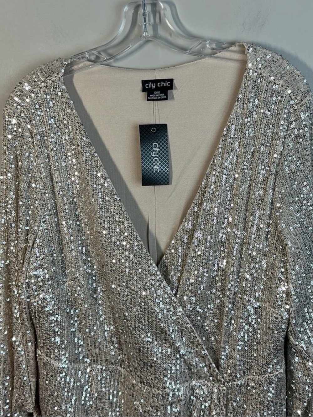 City Chic Champagne Sequin Wrap Dress - Picture 5 of 11
